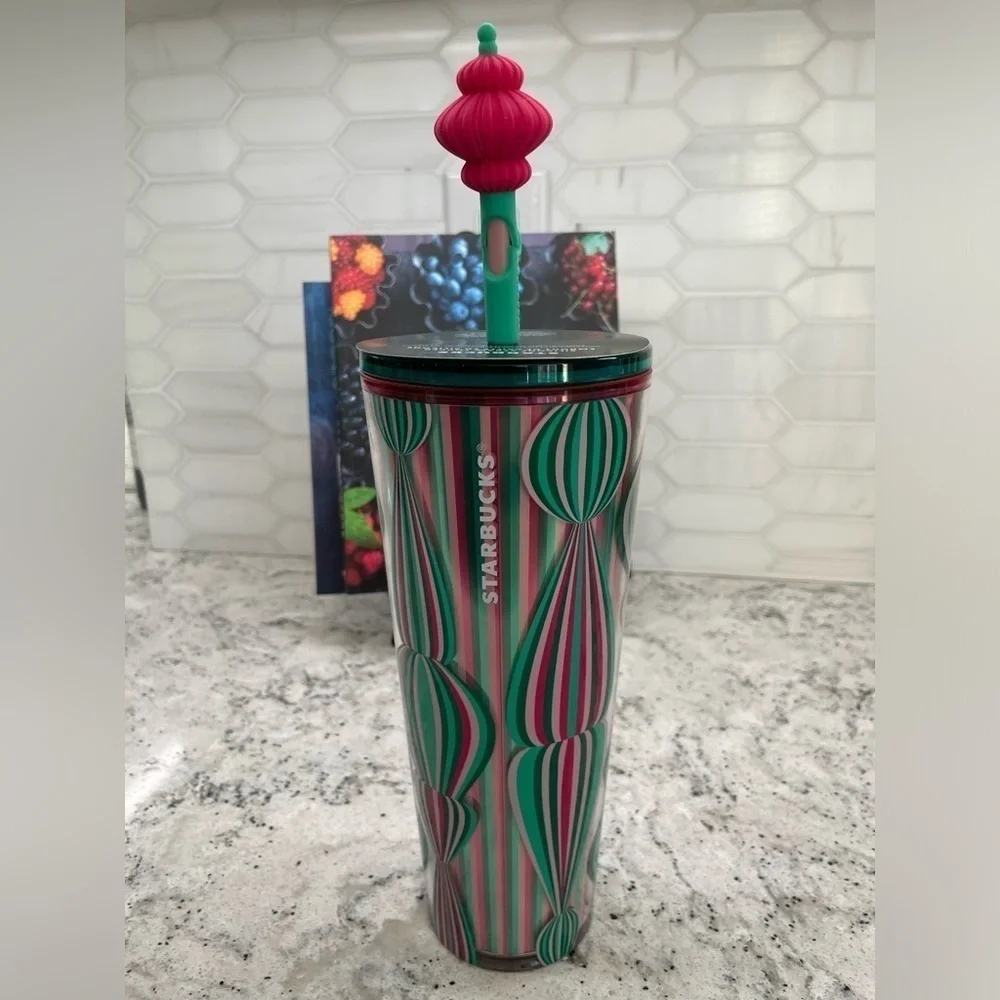 Starbucks 2024 Holiday Striped Holiday Ornament Ball Straw Topper Tumbler. NWT!